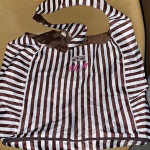 Henri Bendel Foldable Reusable Brown White Striped Bag with Pink BLM Embroidery